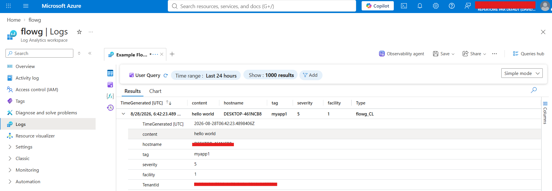 FlowG logs in Azure Monitor